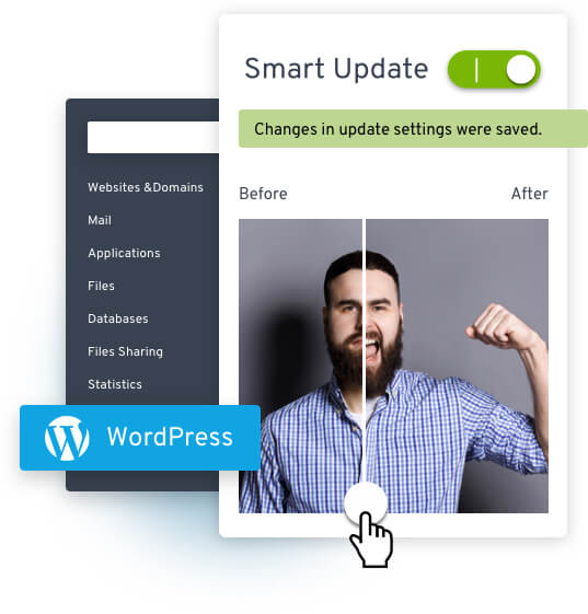 Collage: WordPress logo; Dashboard with Smart Update changes in update settings were saved written out; Man with beard 