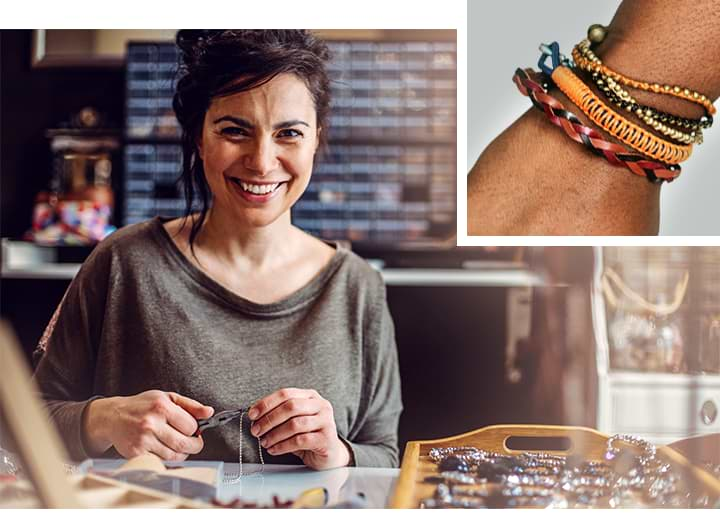 Collage: A jeweller in her shop surrounding by her products; a wrist adorned by various bracelets 