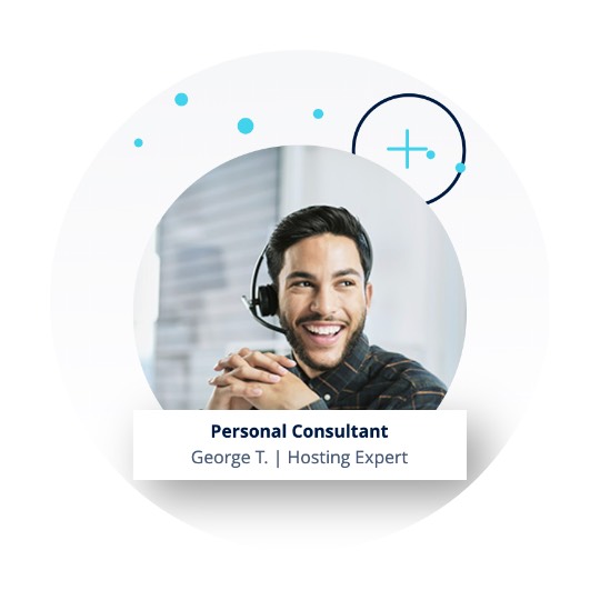 Customer support agent wearing a headset and title: Personal Consultant George T. Hosting Expert 